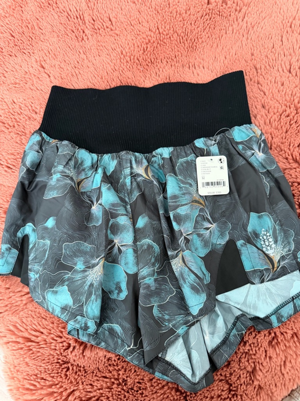 Free People Floral Teal and Black Layered Athletic Shorts